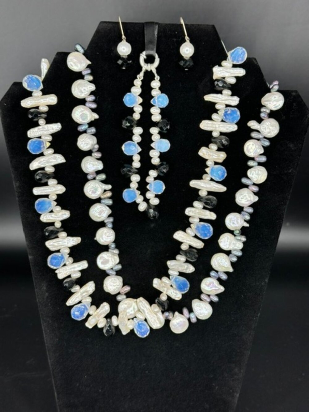 Freshwater Baroque Pearl & Blue Stone/Bead Set – Necklace, Bracelet, Earrings
